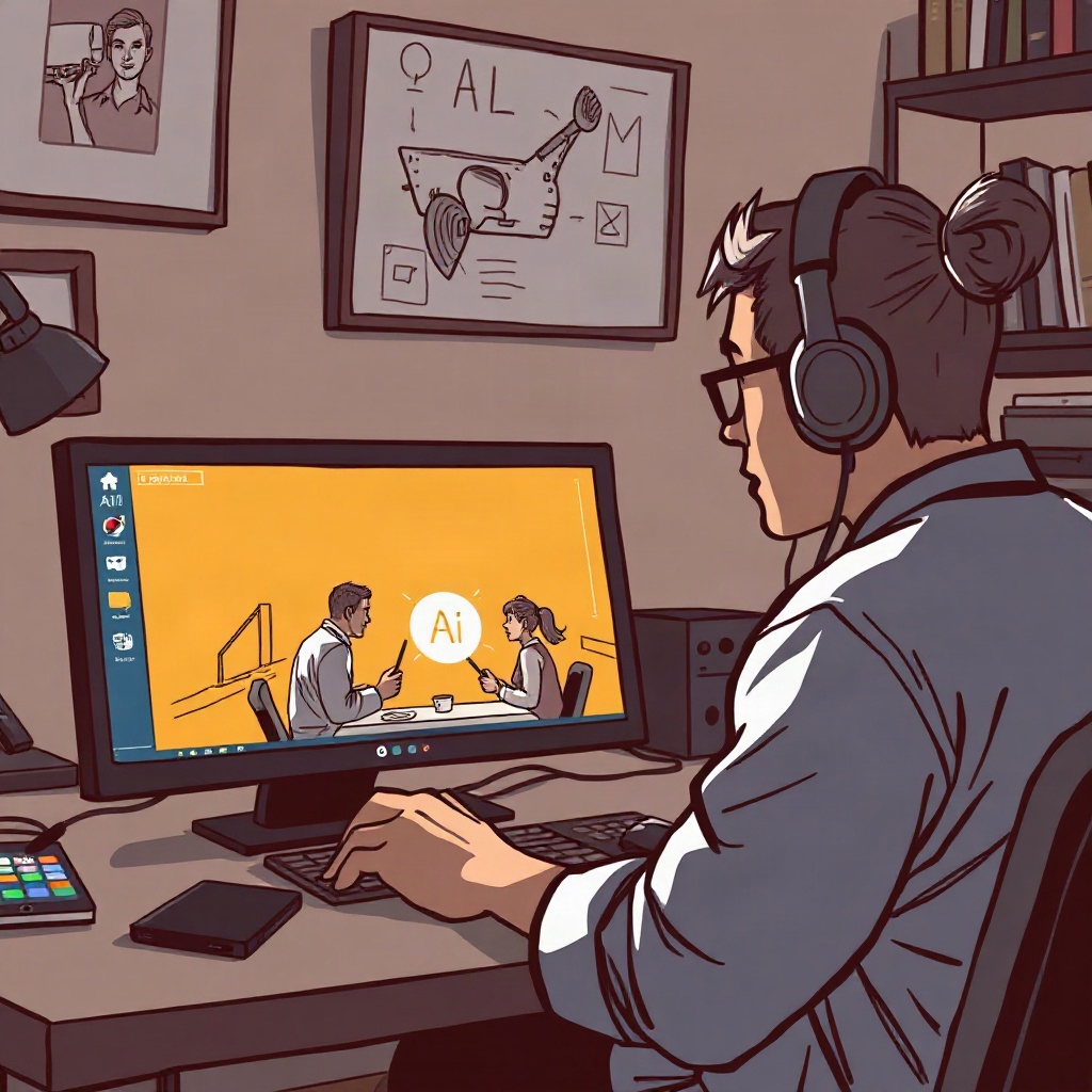 Illustrator working with AI storyboard software on dual screens
